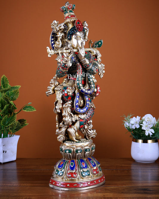 Brass Lord Krishna Statue with Stonework 21 inch tall