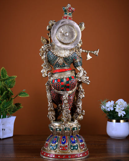 Brass Lord Krishna Statue with Stonework 21 inch tall