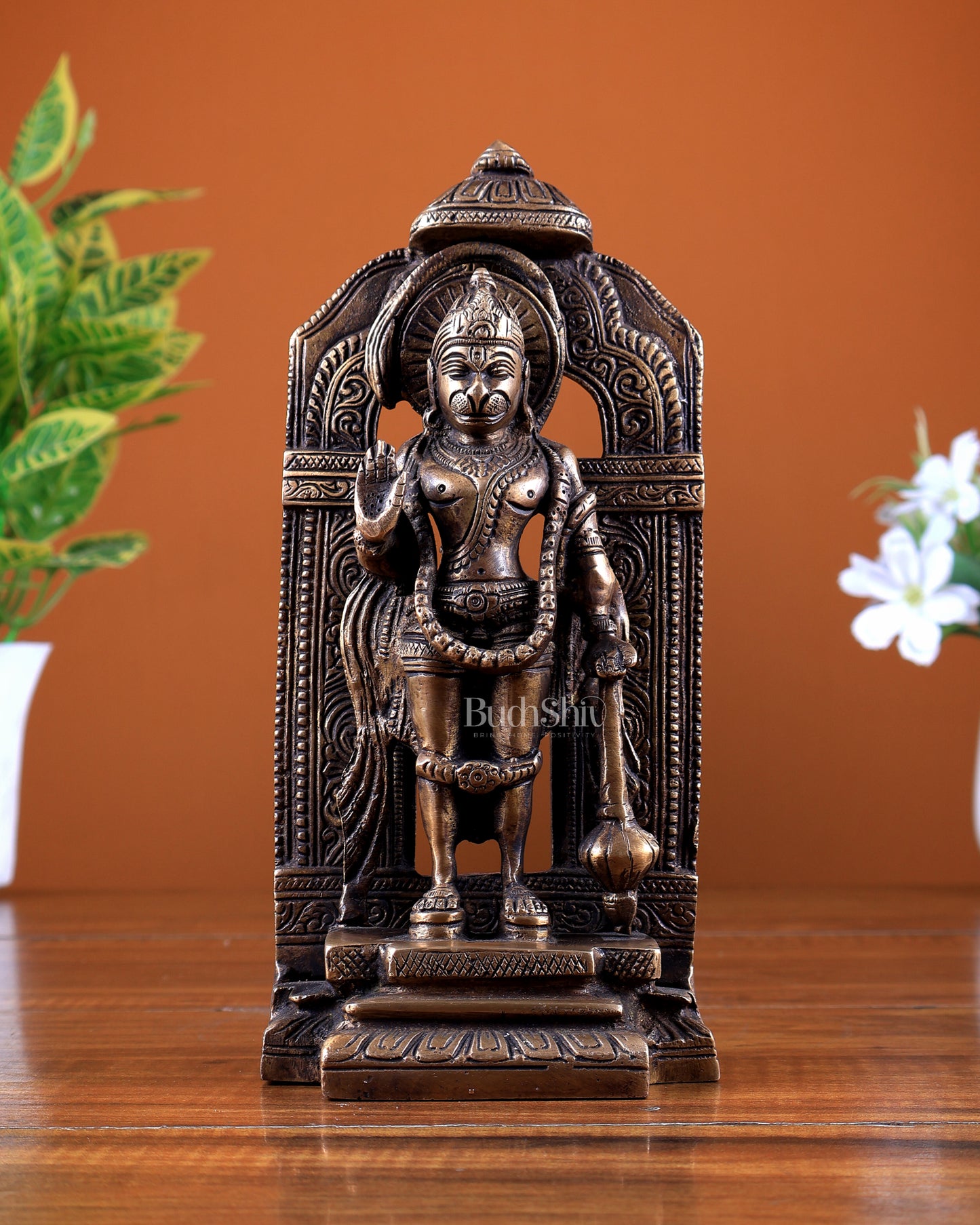 Brass Standing Hanuman Statue with Temple Frame & Chattar 9 inch