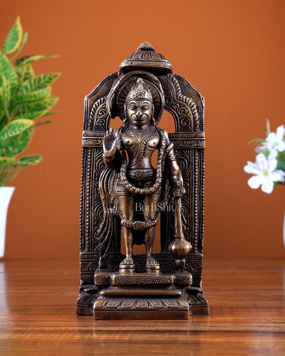 Brass Standing Hanuman Statue with Temple Frame & Chattar 9 inch