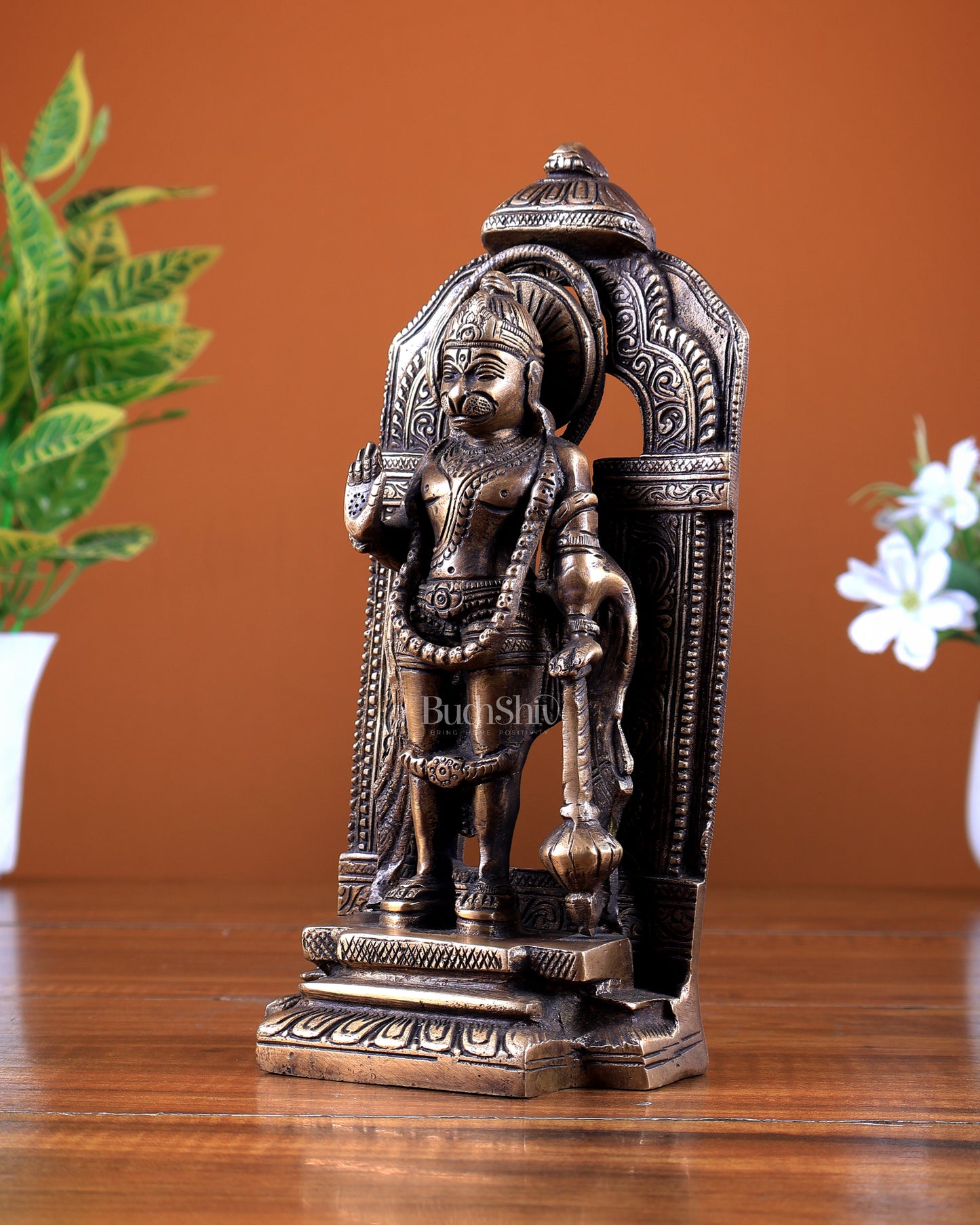 Brass Standing Hanuman Statue with Temple Frame & Chattar 9 inch