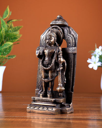 Brass Standing Hanuman Statue with Temple Frame & Chattar 9 inch