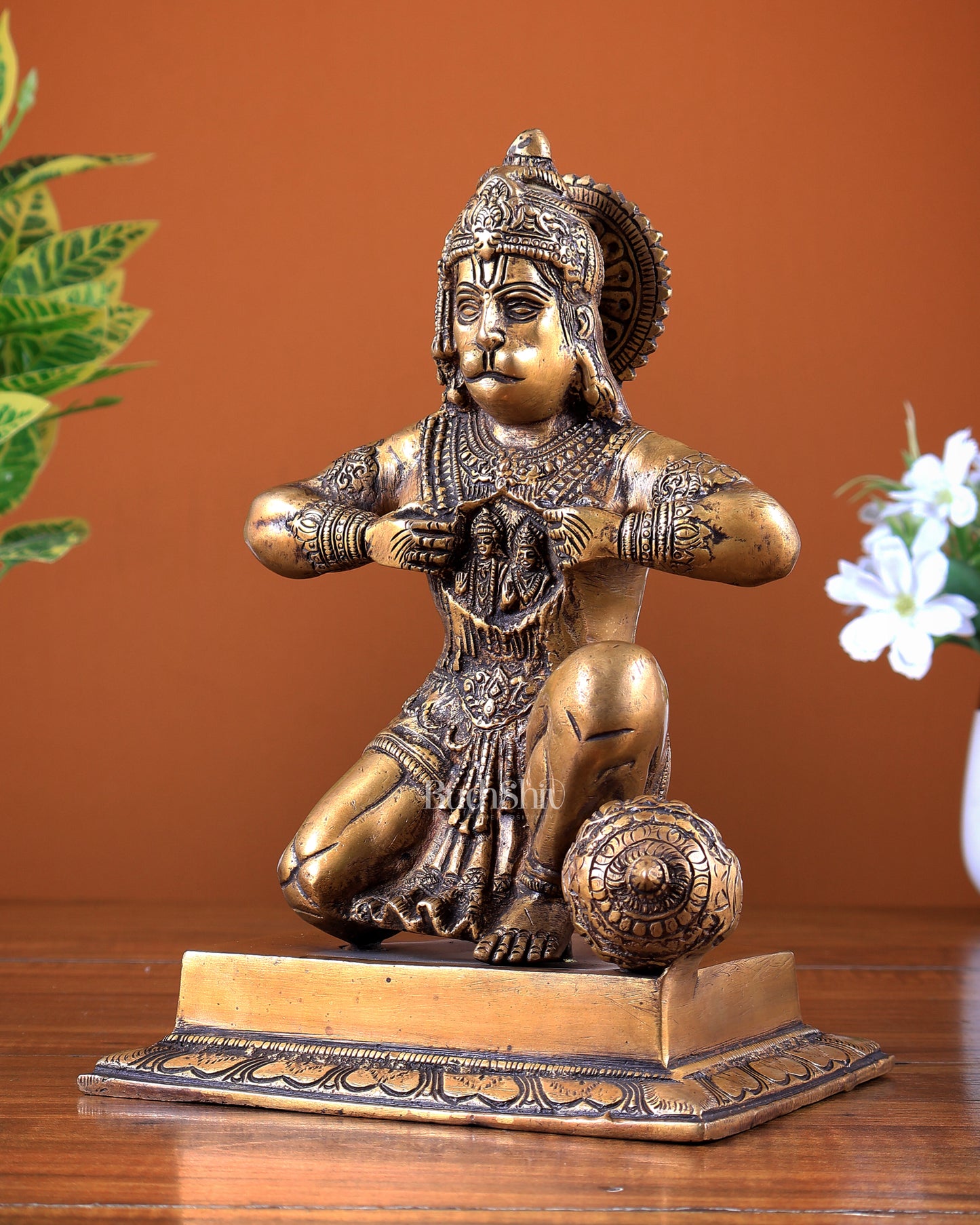 Brass Hanuman Ji with Sita Ram on Chest 8.8 inch