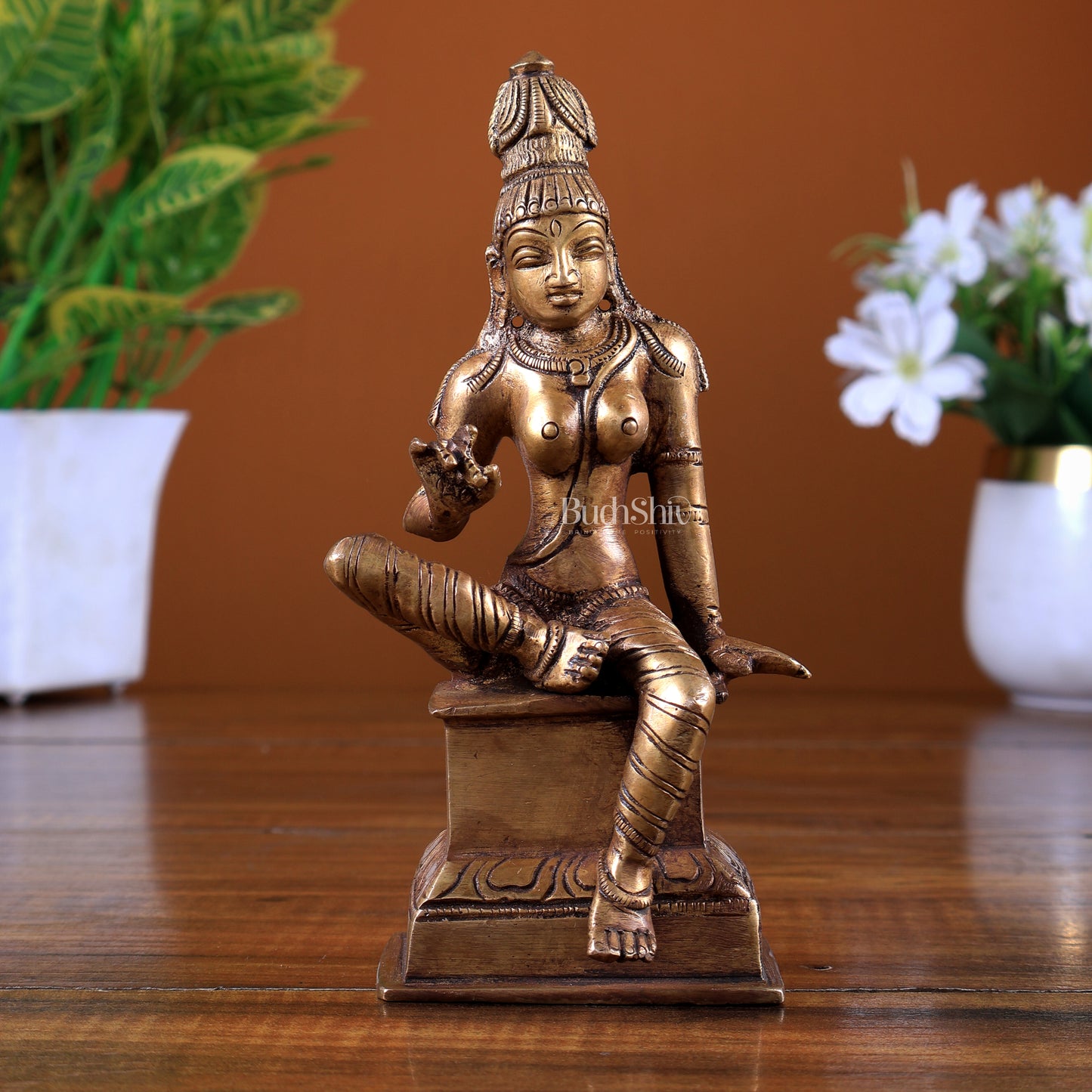 Brass Goddess Parvati Uma Devi Bhoga Shakti Idol – matte gold 6 inch