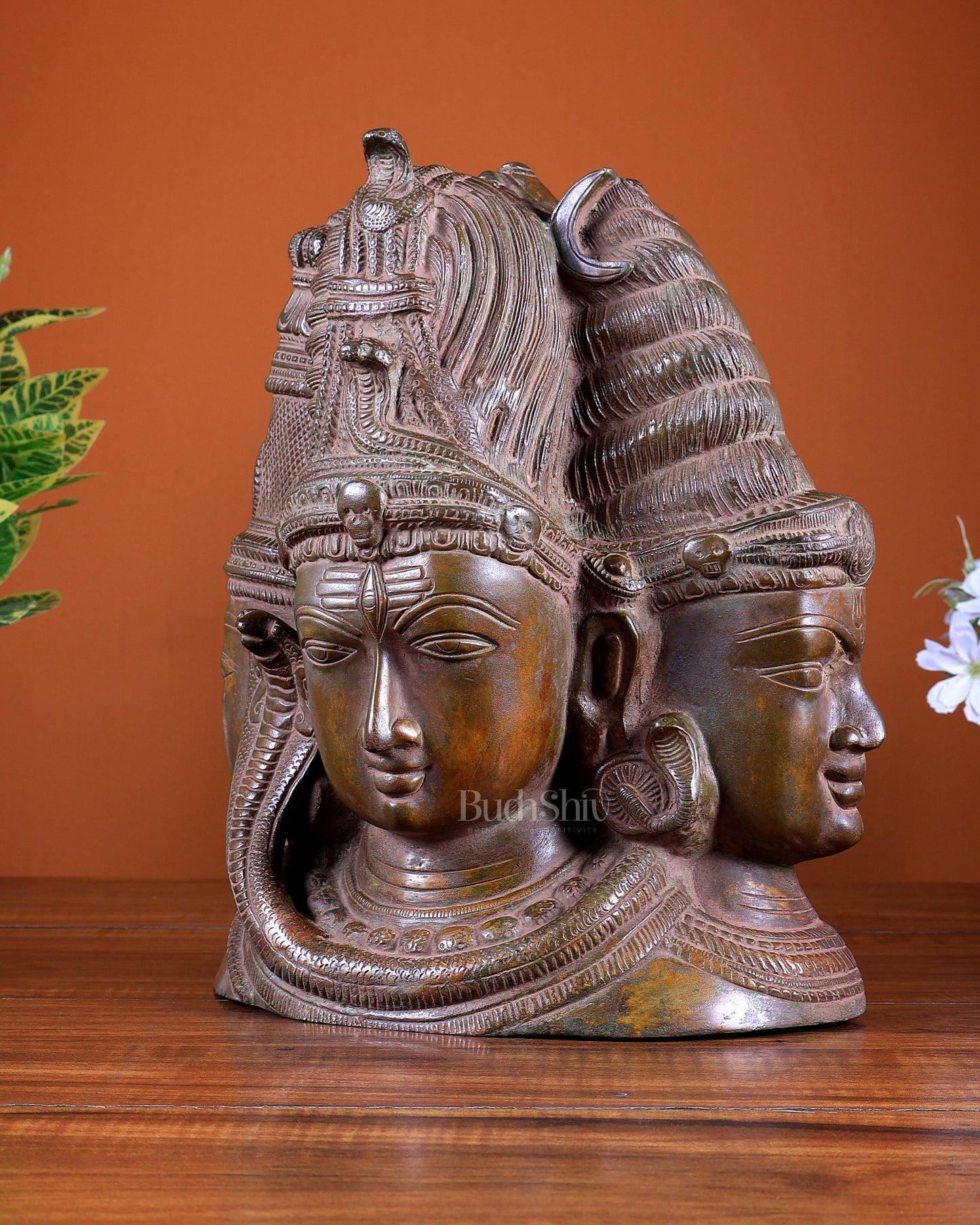 Pure Brass Superfine 3 faced Shiva with parvati Artefact - 11"