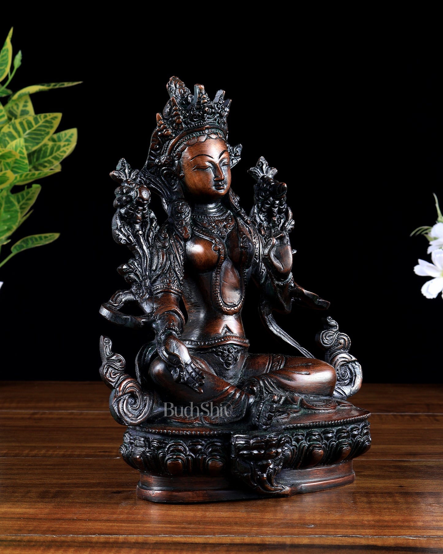 Brass Green Tara Statue – Black sand tone 9 inch
