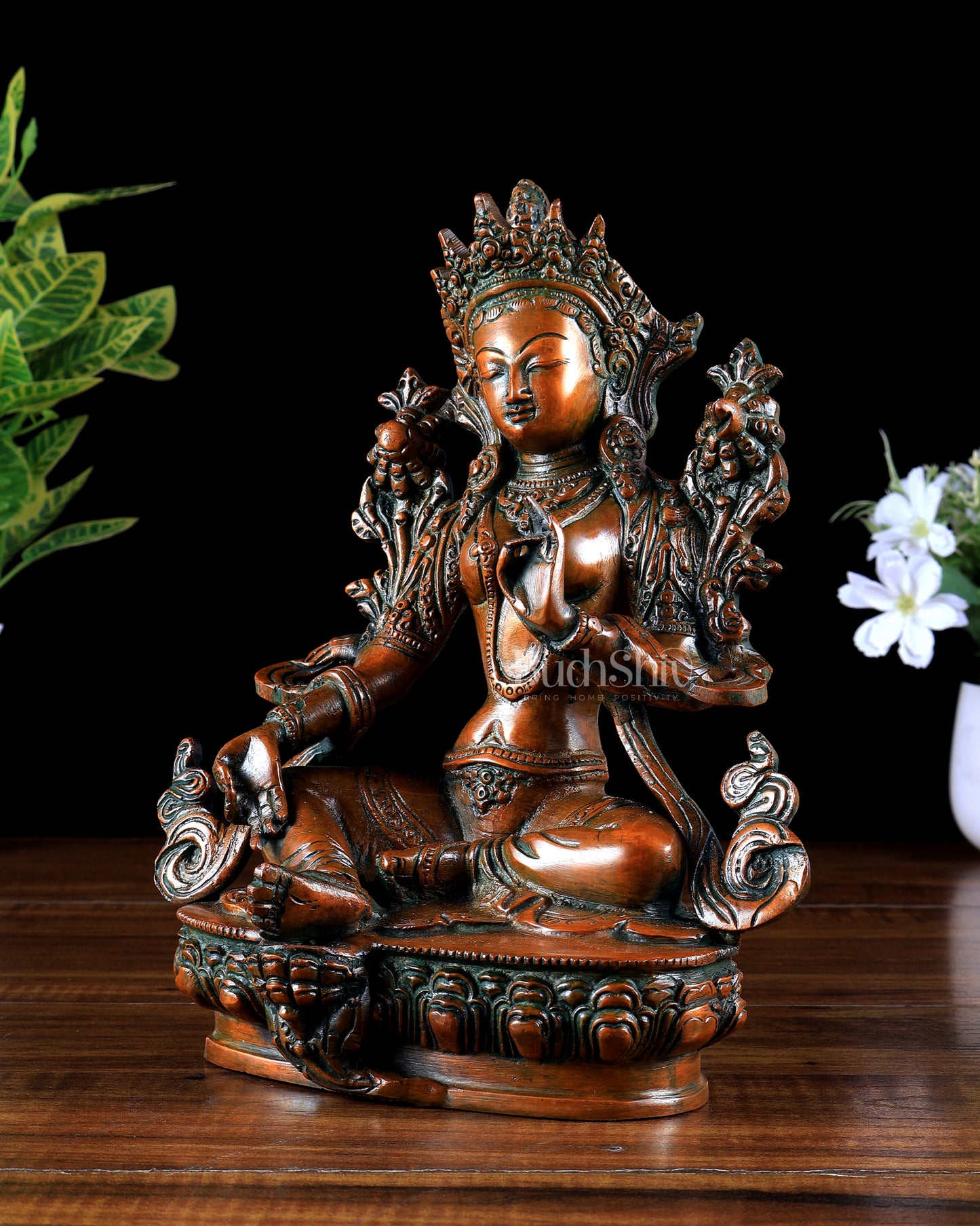 Brass Green Tara Statue – Thick copper tone 9 inch