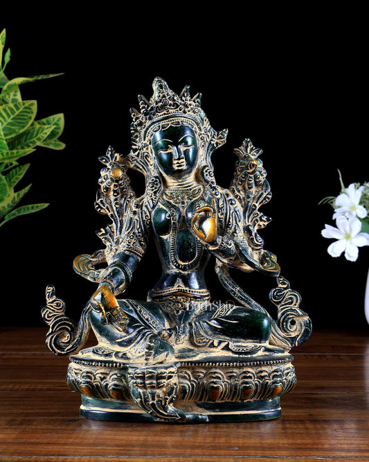 Brass Green Tara Statue – agate sand finish 9 inch