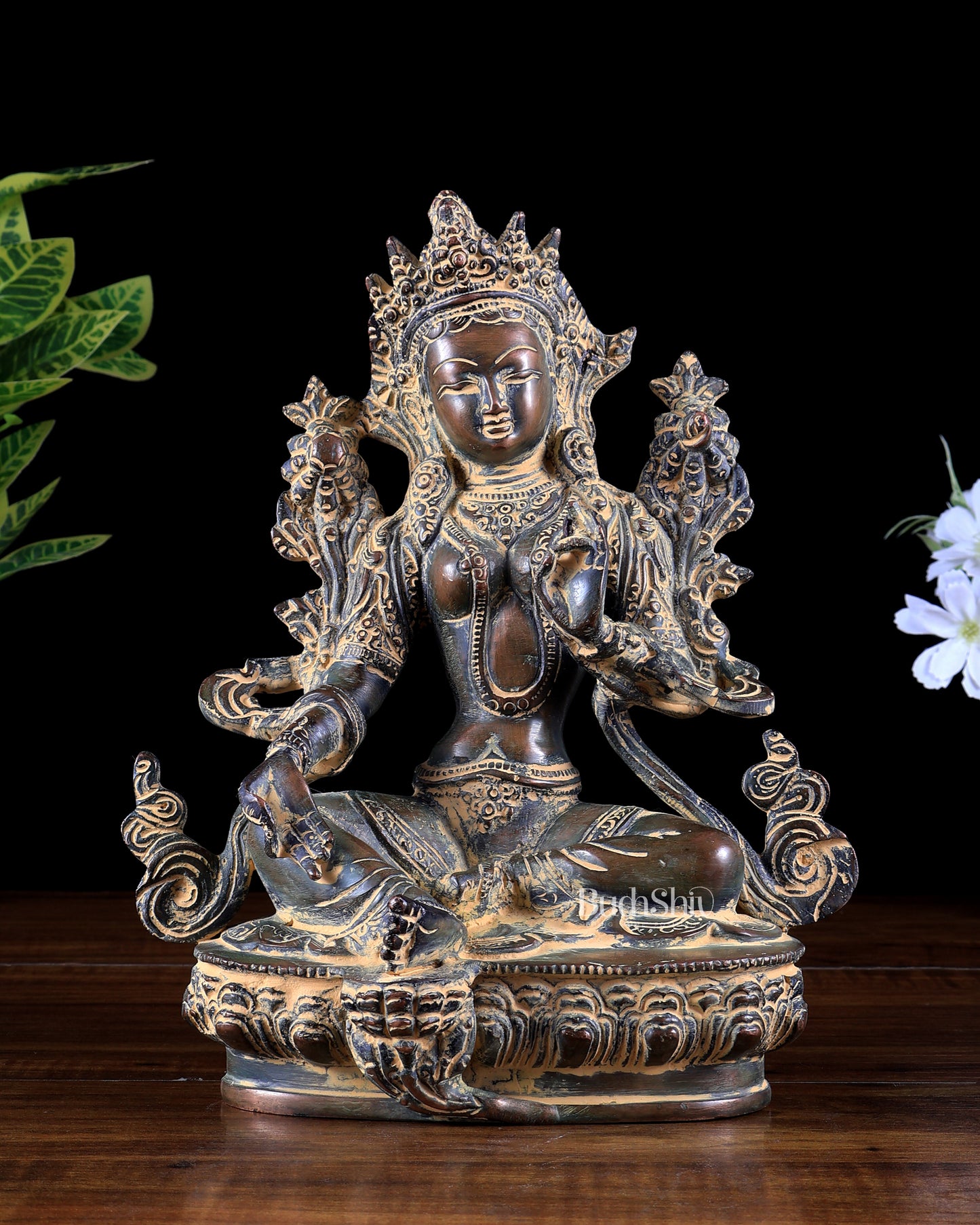 Brass Green Tara Statue – vintage patina tone 9 inch