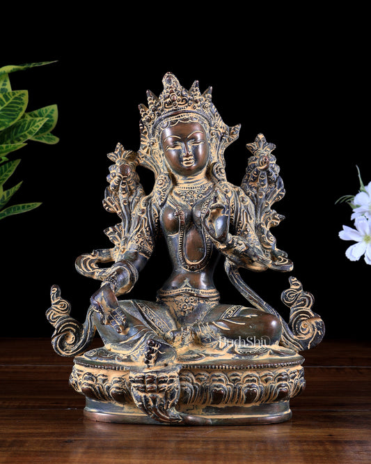 Brass Green Tara Statue – vintage patina tone 9 inch
