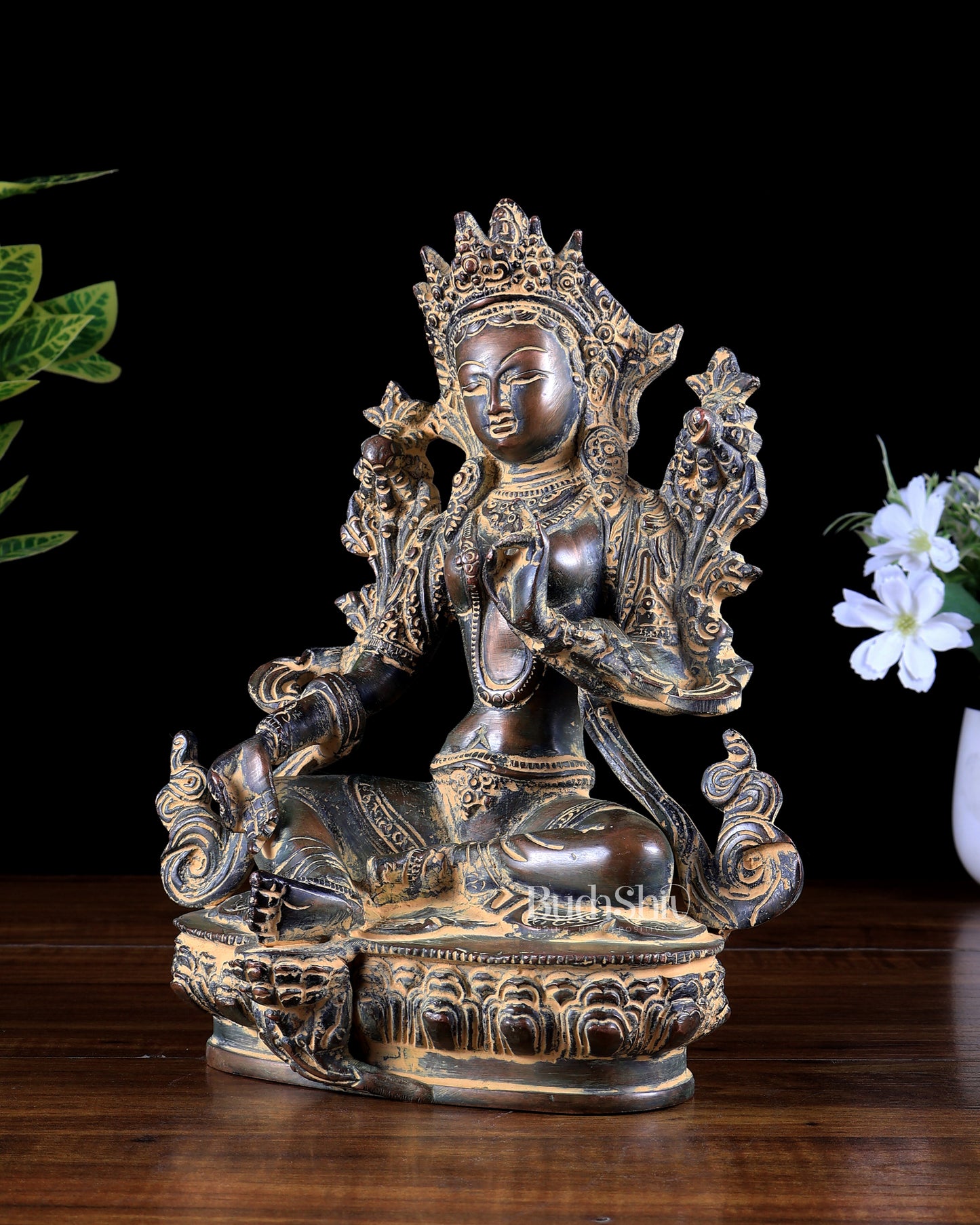 Brass Green Tara Statue – vintage patina tone 9 inch