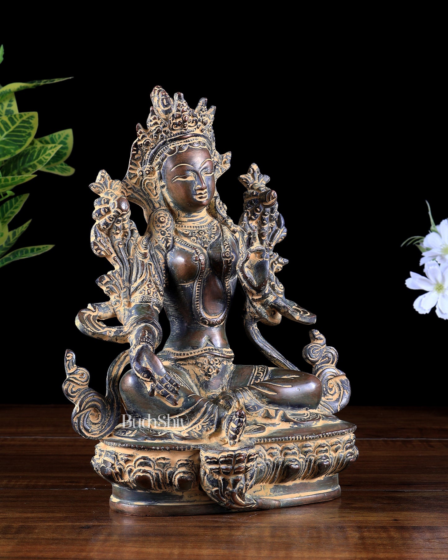 Brass Green Tara Statue – vintage patina tone 9 inch