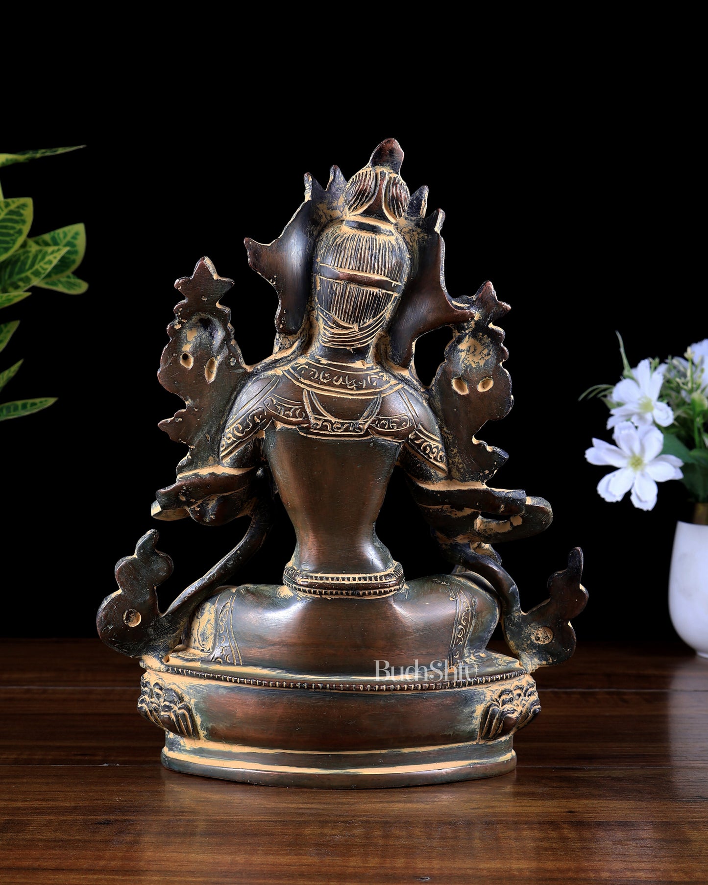 Brass Green Tara Statue – vintage patina tone 9 inch