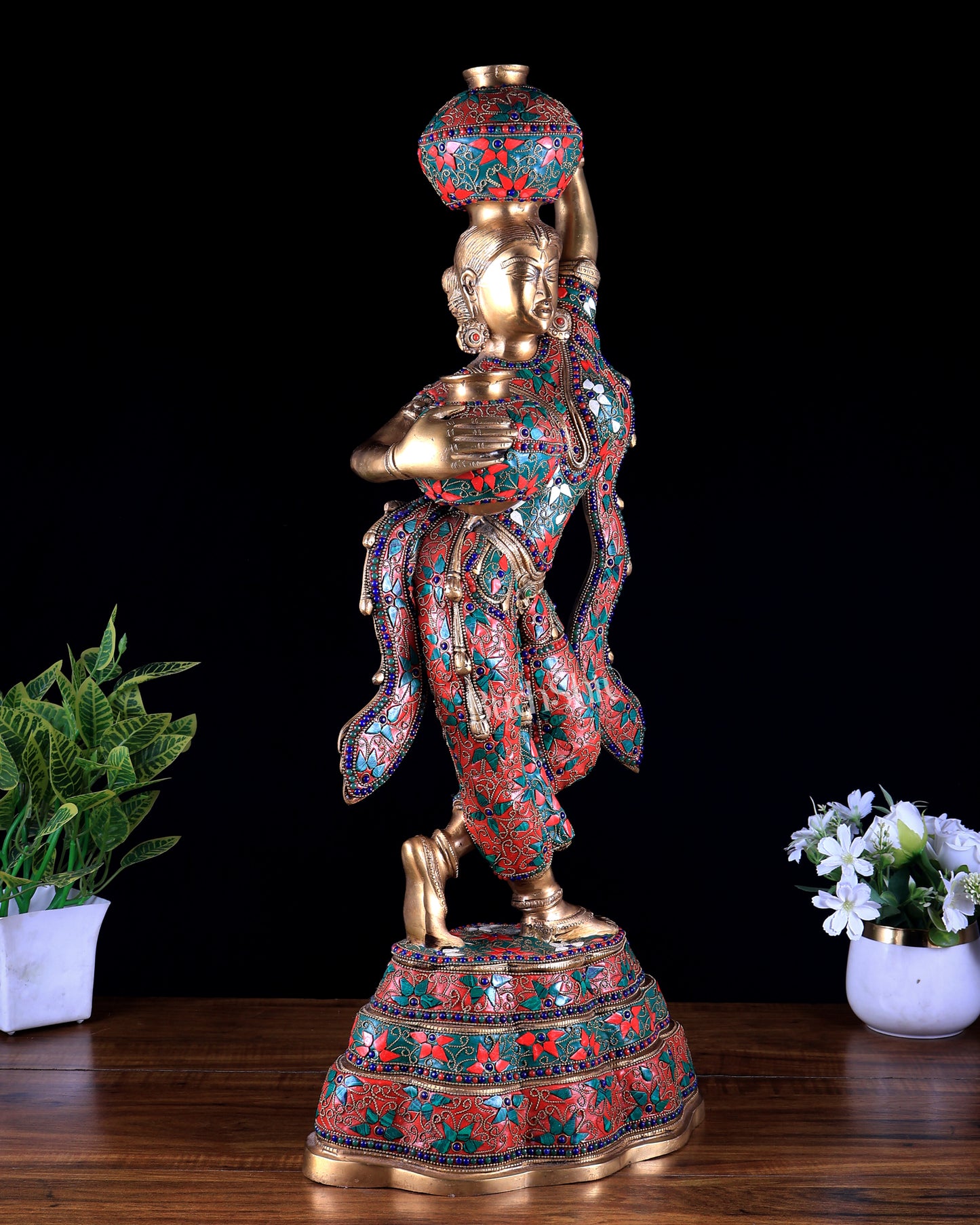 Pure Brass lady Carrying Pots – Meenakari Marvel, 27.2 Inch