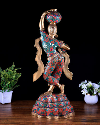 Pure Brass lady Carrying Pots – Meenakari Marvel, 27.2 Inch