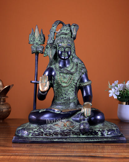 Pure Brass Lord Shiva Smiling Idol with Open Eyes 15" black green