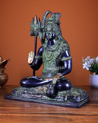 Pure Brass Lord Shiva Smiling Idol with Open Eyes 15" black green