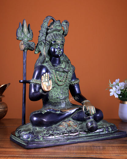 Pure Brass Lord Shiva Smiling Idol with Open Eyes 15" black green