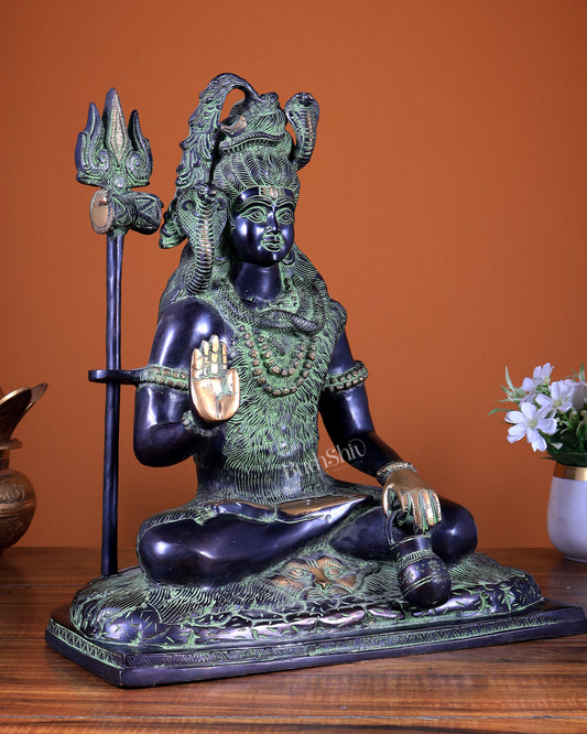 Pure Brass Lord Shiva Smiling Idol with Open Eyes 15" black green