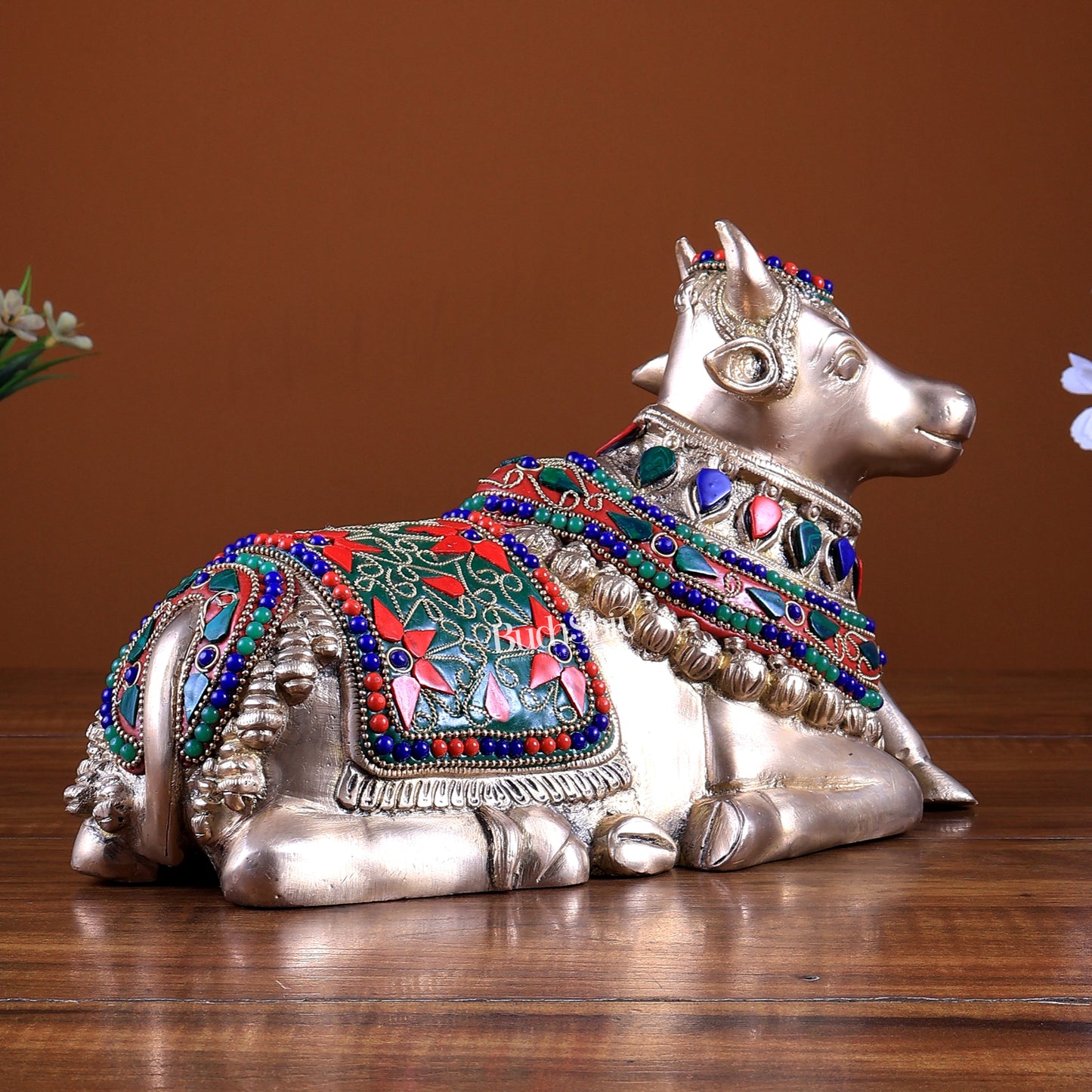 Pure Brass Nandi Statue – 10" meenakari Stonework