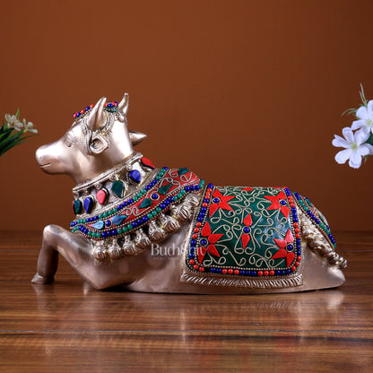 Pure Brass Nandi Statue – 10" meenakari Stonework