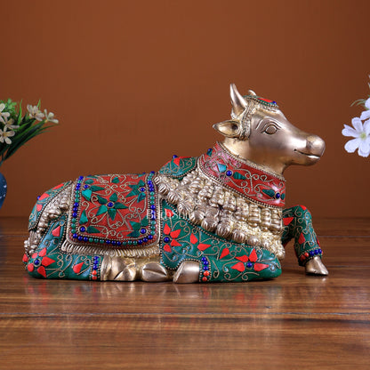 Pure Brass Nandi Statue – 10" floral stonework