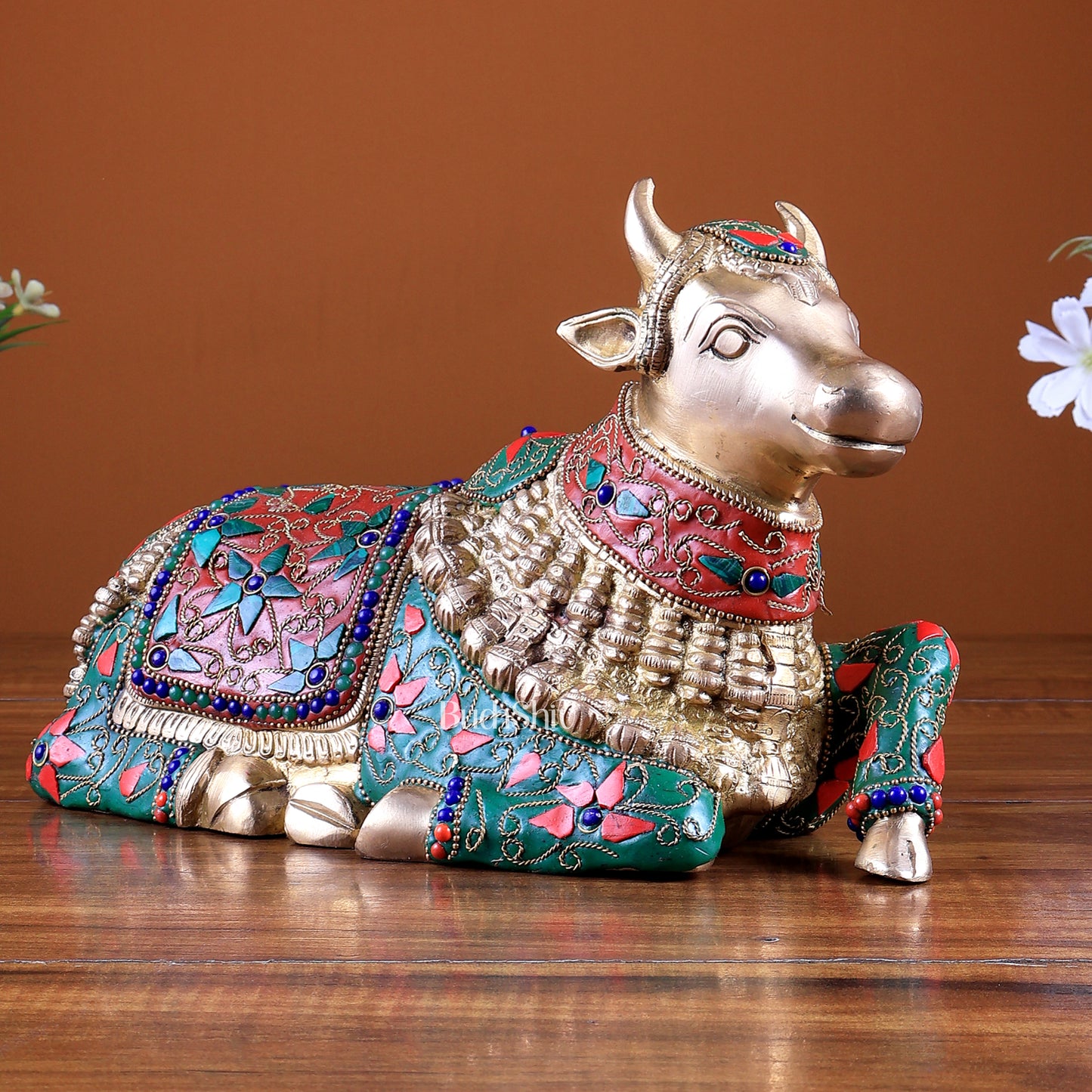 Pure Brass Nandi Statue – 10" floral stonework