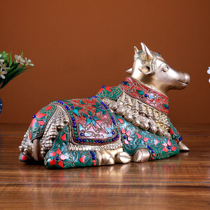 Pure Brass Nandi Statue – 10" floral stonework