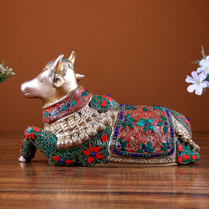 Pure Brass Nandi Statue – 10" floral stonework