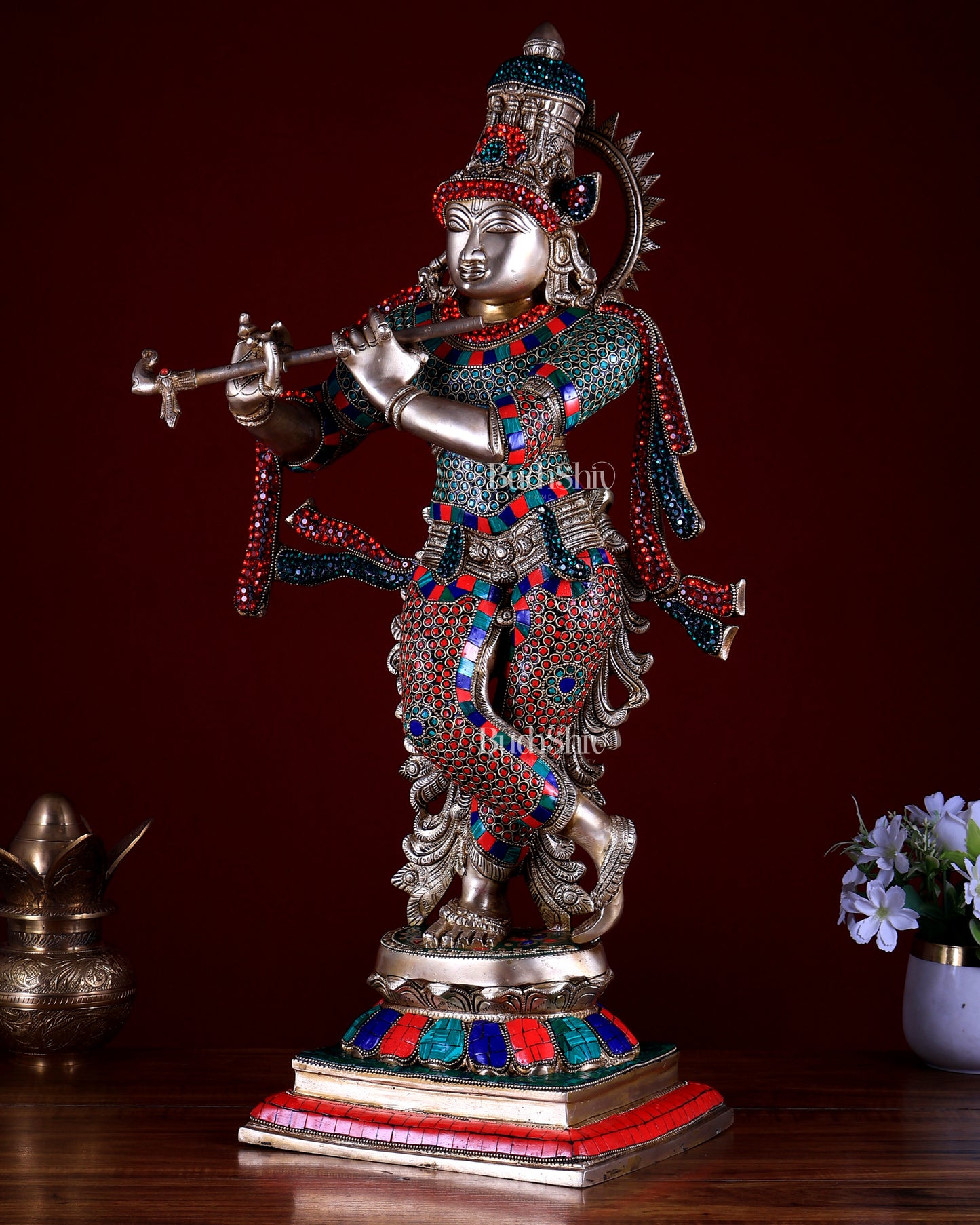 Unique Brass Krishna Statue - 26" meenakari work