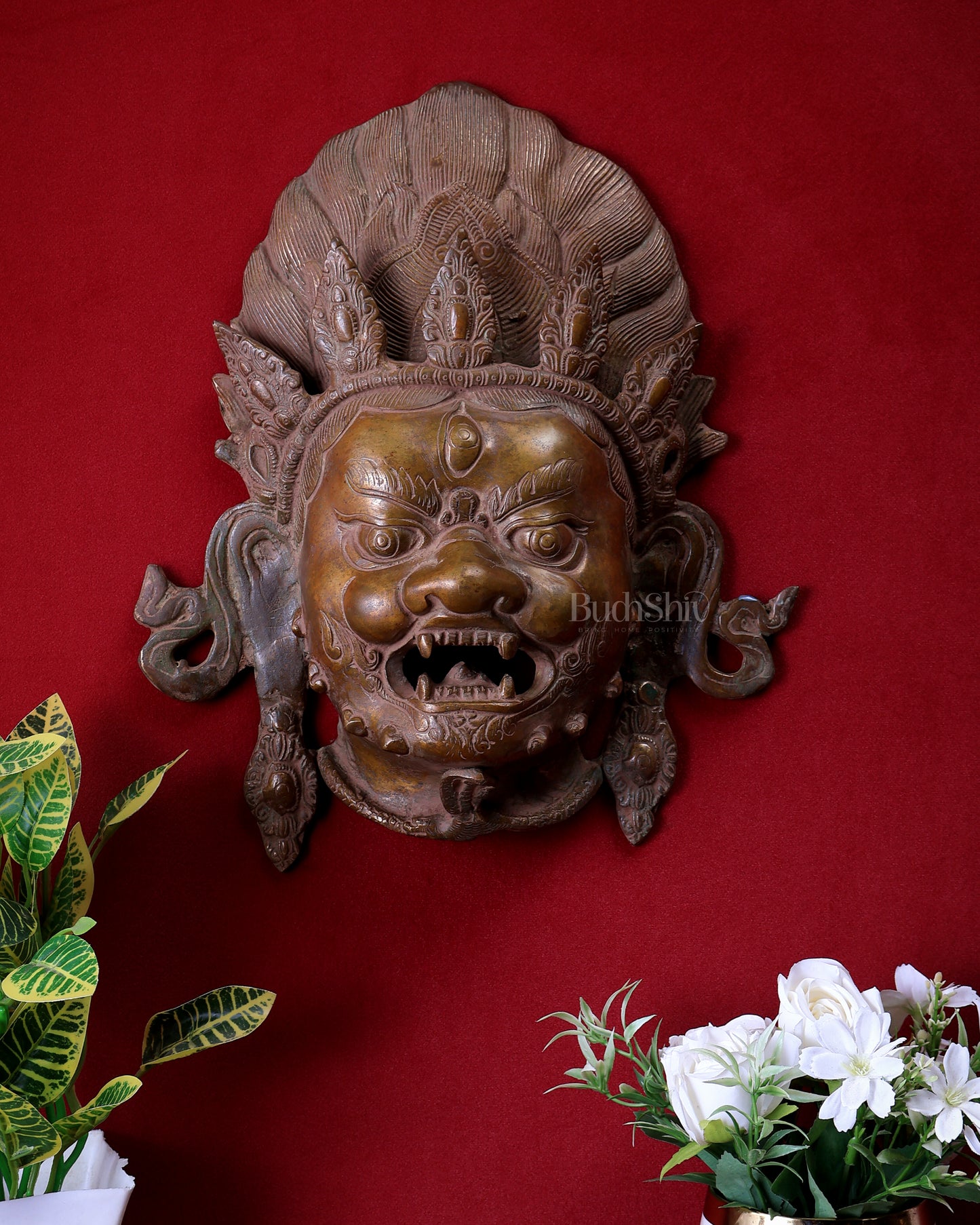 Pure Brass Nepalese Mahakal Wall Hanging Artefact – Bronze Touch Finish 12.5 inch