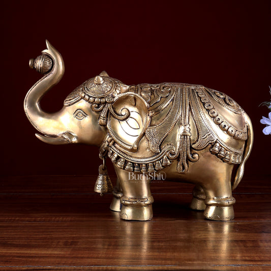 Brass Elephant Statue with Enhanced Carvings 12 inch