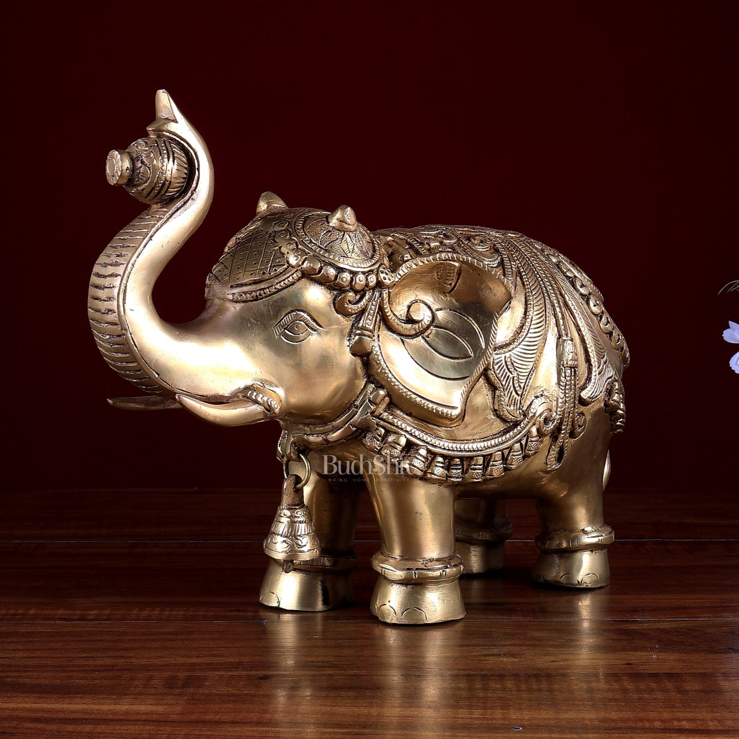 Brass Elephant Statue with Enhanced Carvings 12 inch