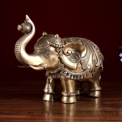 Brass Elephant Statue with Enhanced Carvings 12 inch