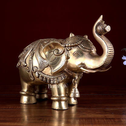 Brass Elephant Statue with Enhanced Carvings 12 inch