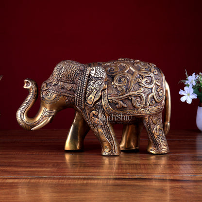 Brass Elephant Statue with Animal Motif Carvings