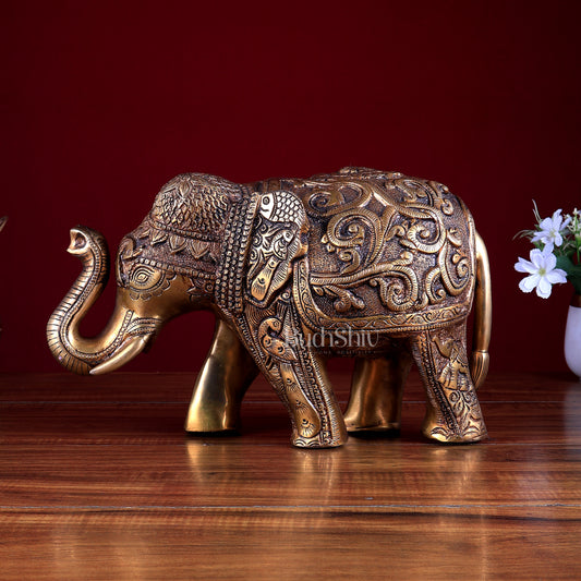 Brass Elephant Statue with Animal Motif Carvings