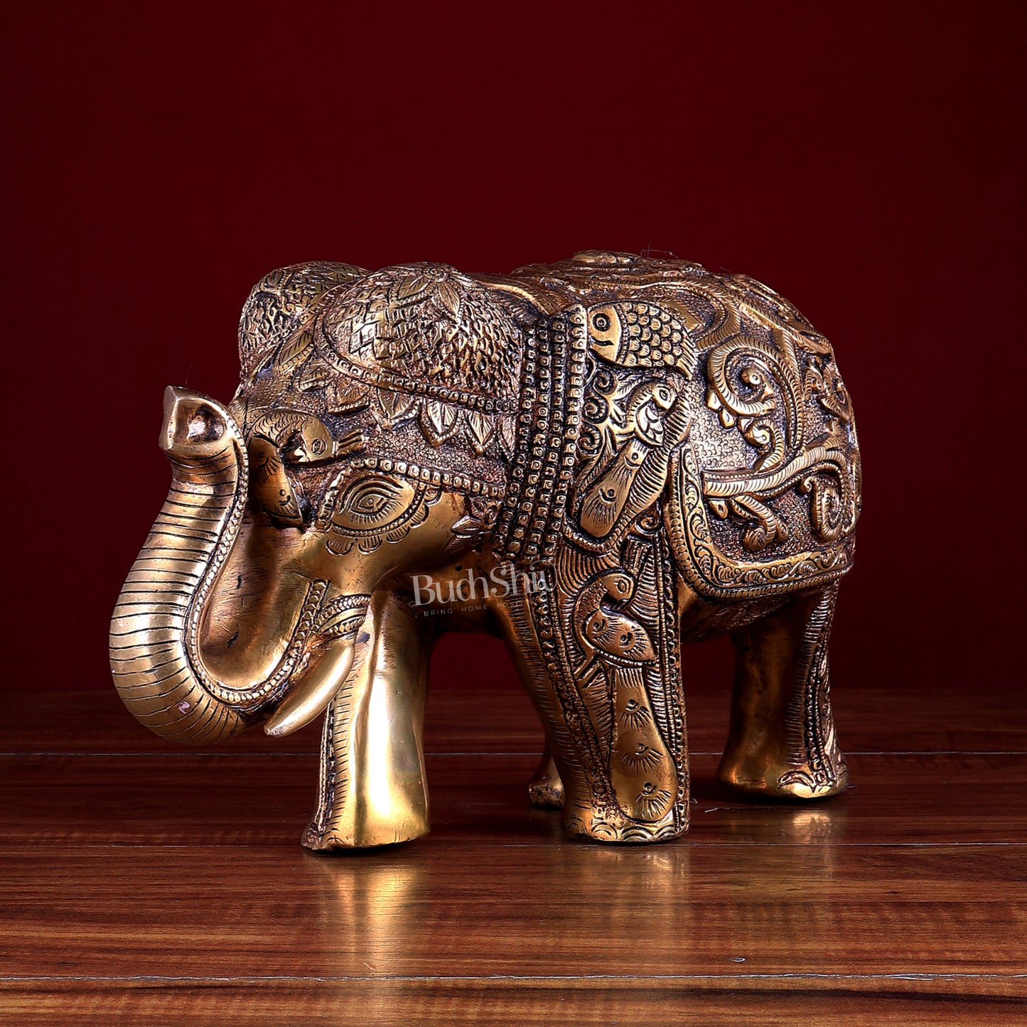 Brass Elephant Statue with Animal Motif Carvings