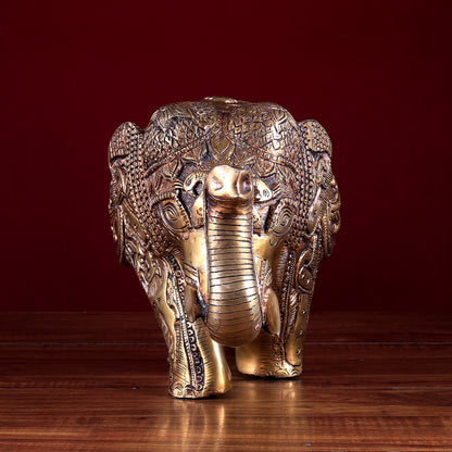 Brass Elephant Statue with Animal Motif Carvings