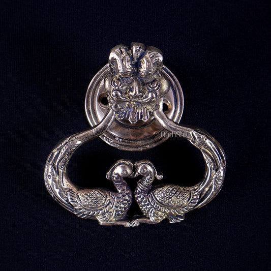 Pure Brass Yali Face Door Knocker with Dual Peacock 4"