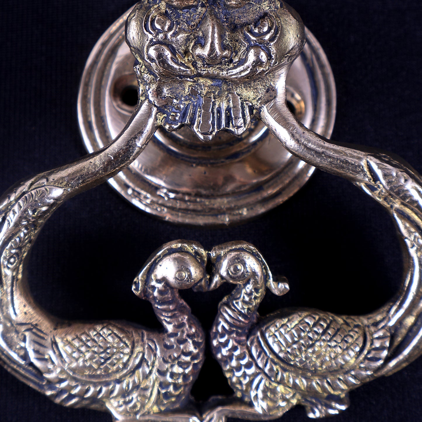 Pure Brass Yali Face Door Knocker with Dual Peacock 4"