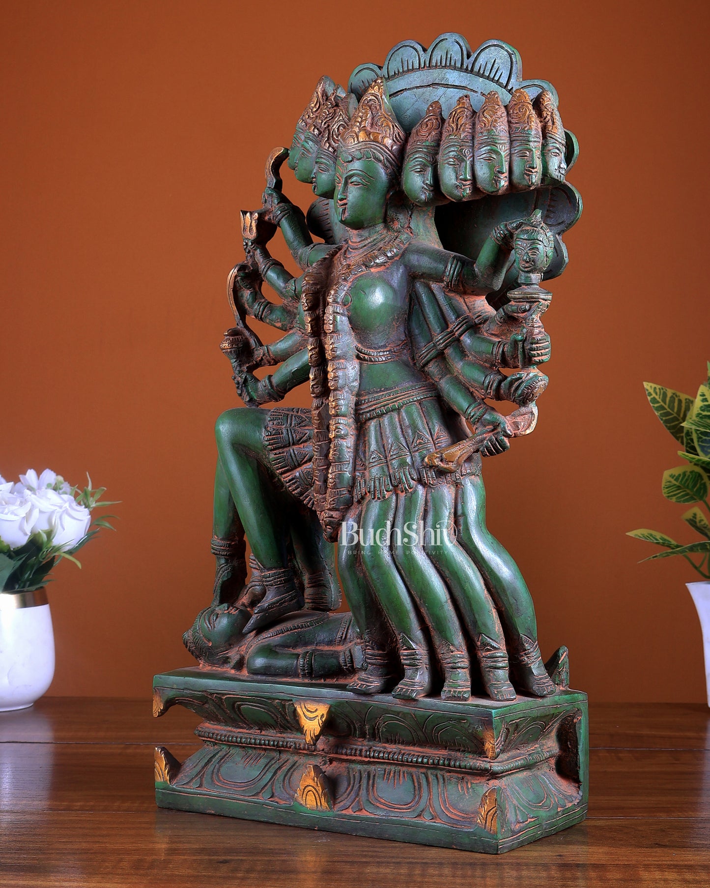 Maha kali Brass Statue Idol with ten Heads - 15 Inch, Sand finish