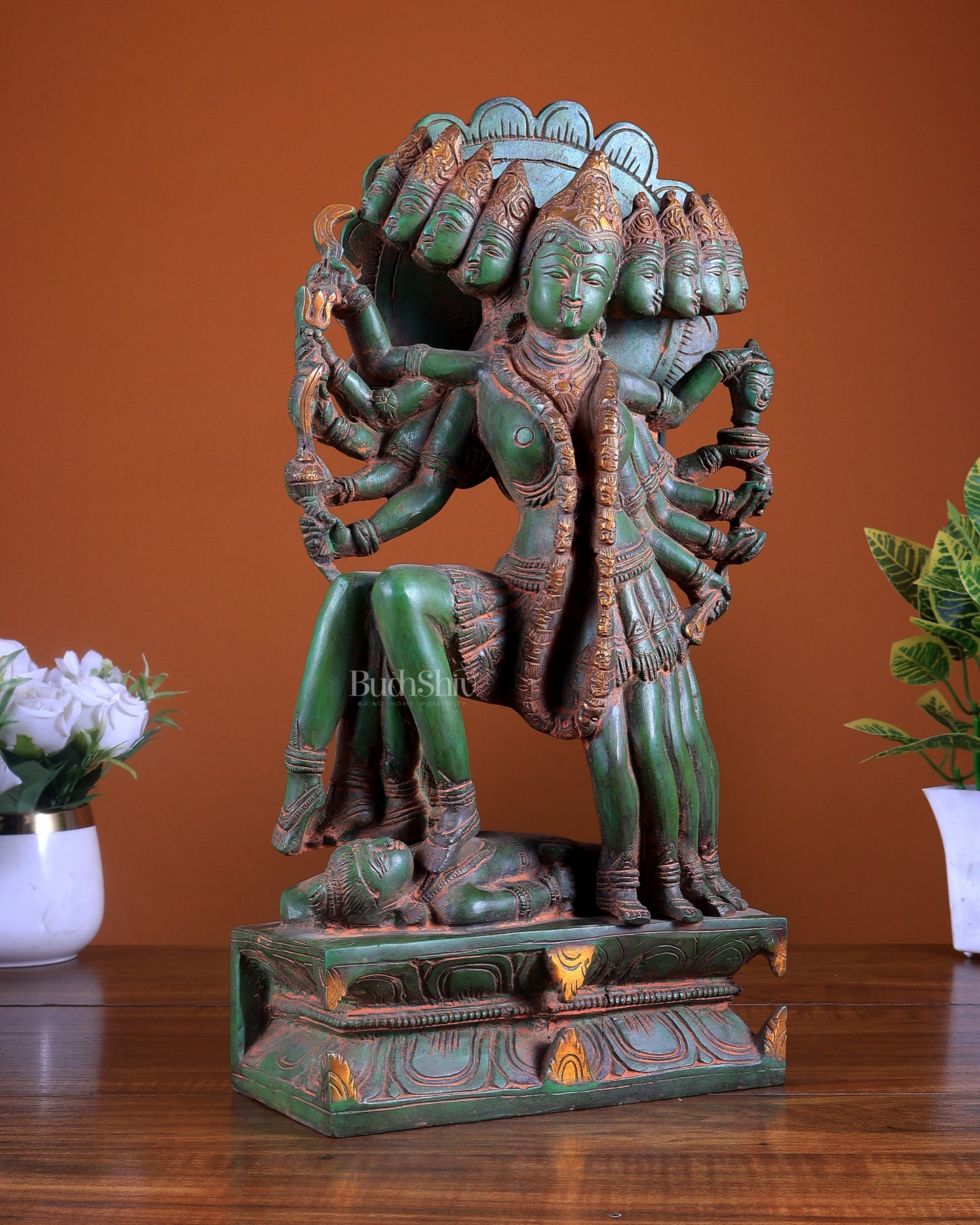 Maha kali Brass Statue Idol with ten Heads - 15 Inch, Sand finish
