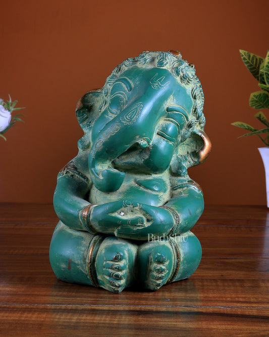 Pure Brass Baby Ganesha Statue | Vintage Green Patina Finish 8 inch