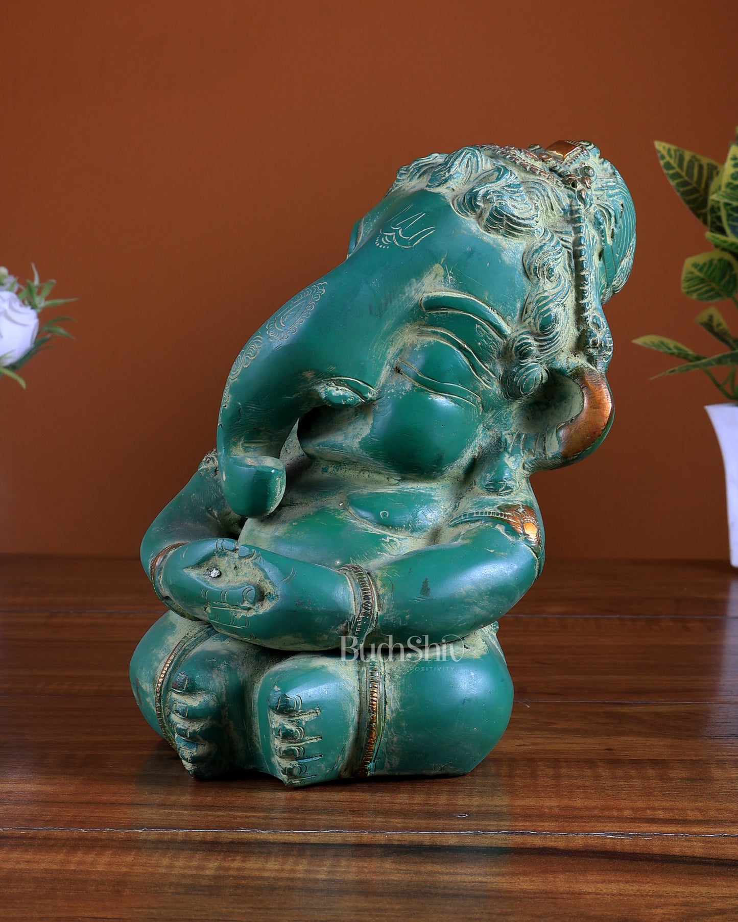 Pure Brass Baby Ganesha Statue | Vintage Green Patina Finish 8 inch