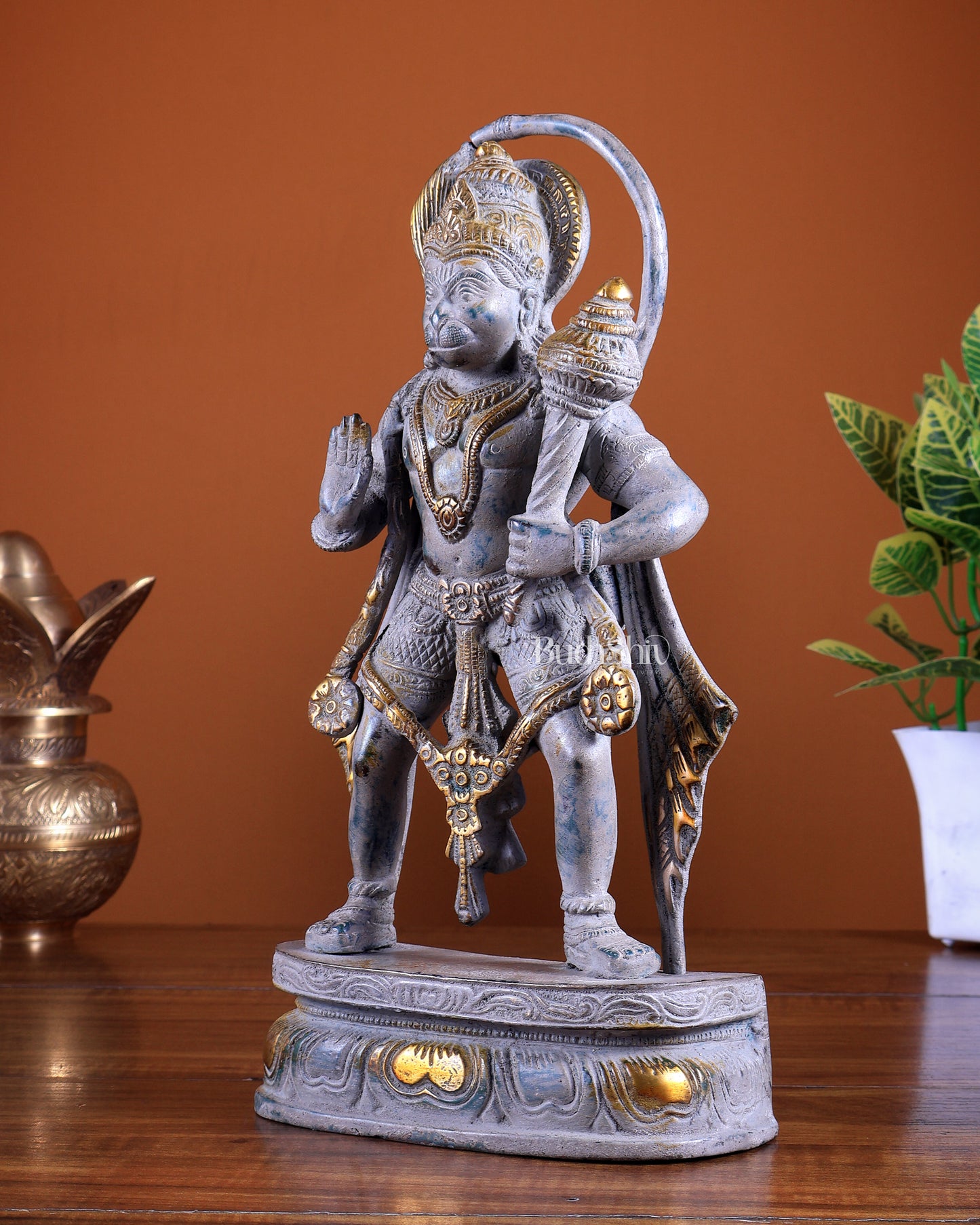 Vintage Brass Lord Hanuman Standing Statue | Sand Patina Finish 11 inch