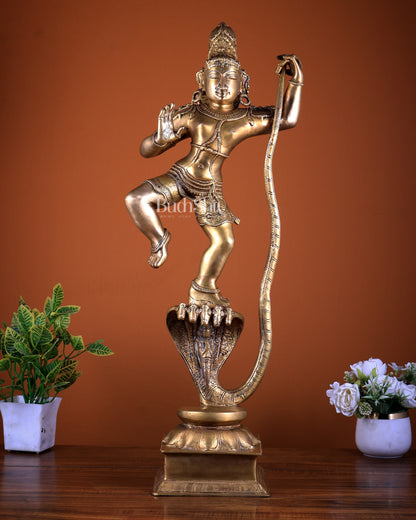 Pure Brass Krishna Dancing on Kaliya Naag (Kalinga Narthana Krishna) Sculpture 29"