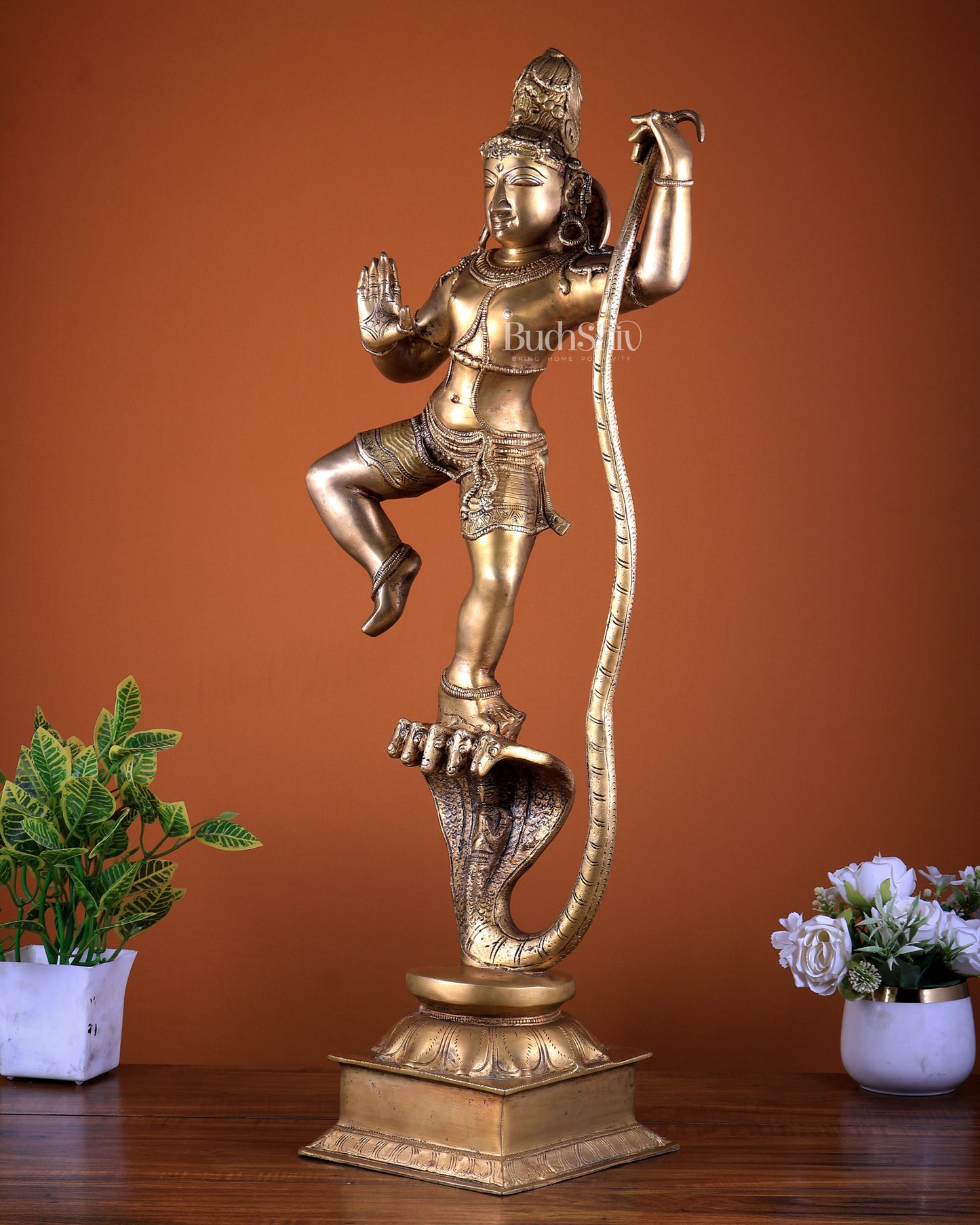 Pure Brass Krishna Dancing on Kaliya Naag (Kalinga Narthana Krishna) Sculpture 29"