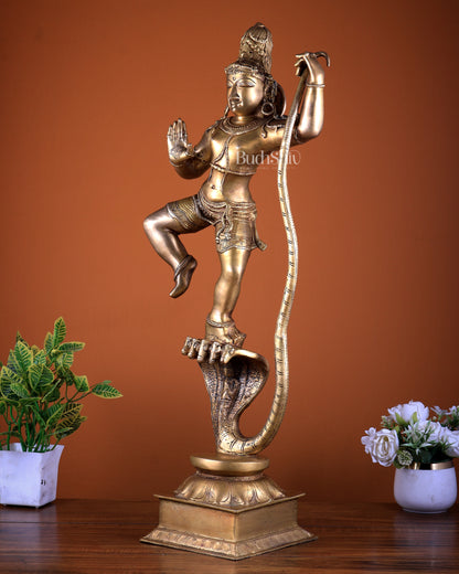 Pure Brass Krishna Dancing on Kaliya Naag (Kalinga Narthana Krishna) Sculpture 29"