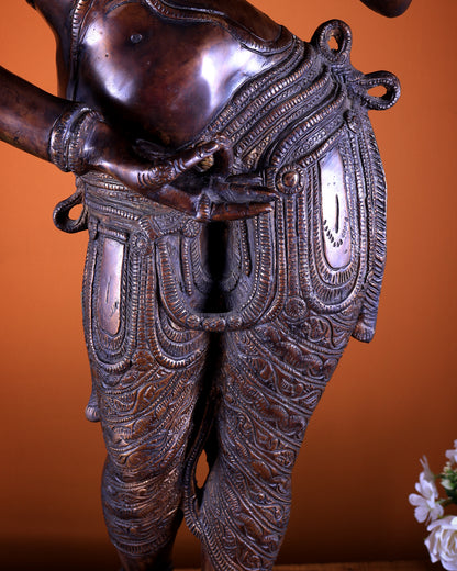 Pure Brass Lady Holding Parrot Sculpture - 38" Chola tone